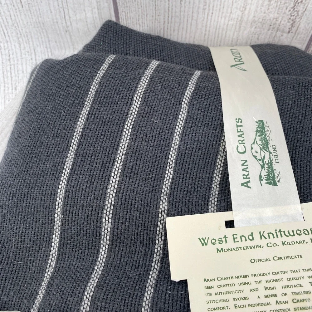 Aran Crafts Wool Throw Blanket Charcoal Gray Striped Fringed Ireland Natural